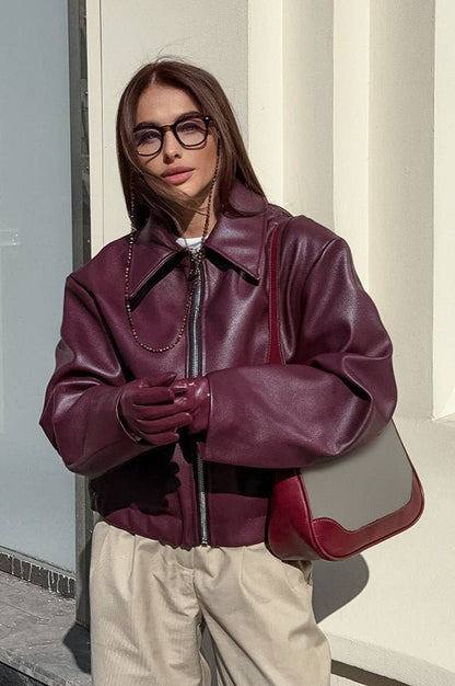 OLANE Classic Matte Leather Moto Jacket BurgundySWomen's Coats & Jackets