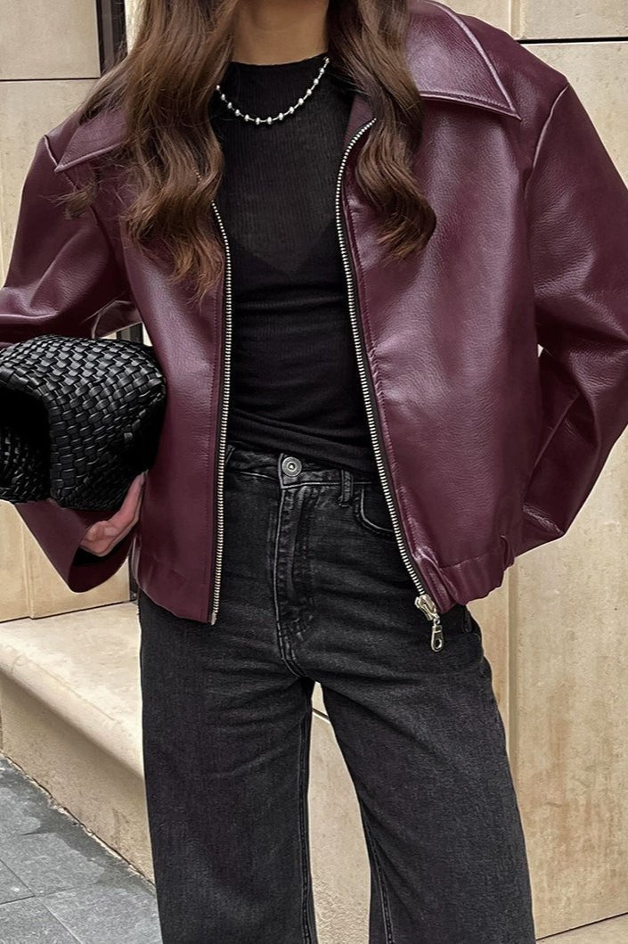 OLANE Classic Matte Leather Moto Jacket BurgundySWomen's Coats & Jackets