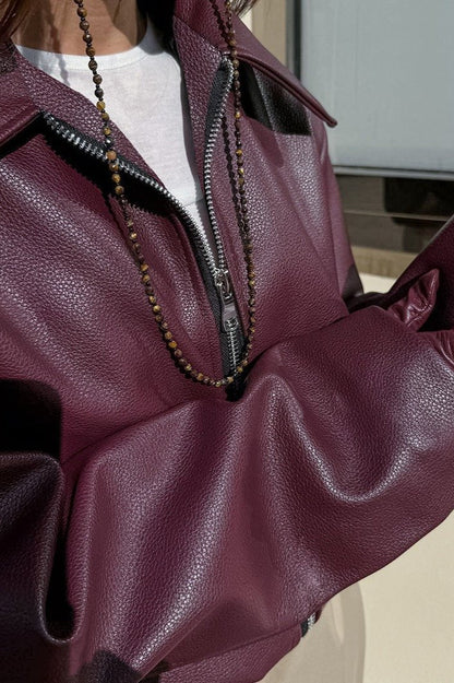OLANE Classic Matte Leather Moto Jacket BurgundySWomen's Coats & Jackets