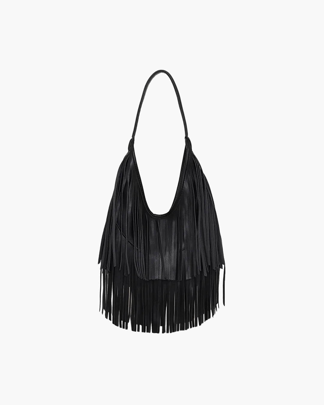 OLANE Classic Open Top Tasseled Hobo Bag BlackBag