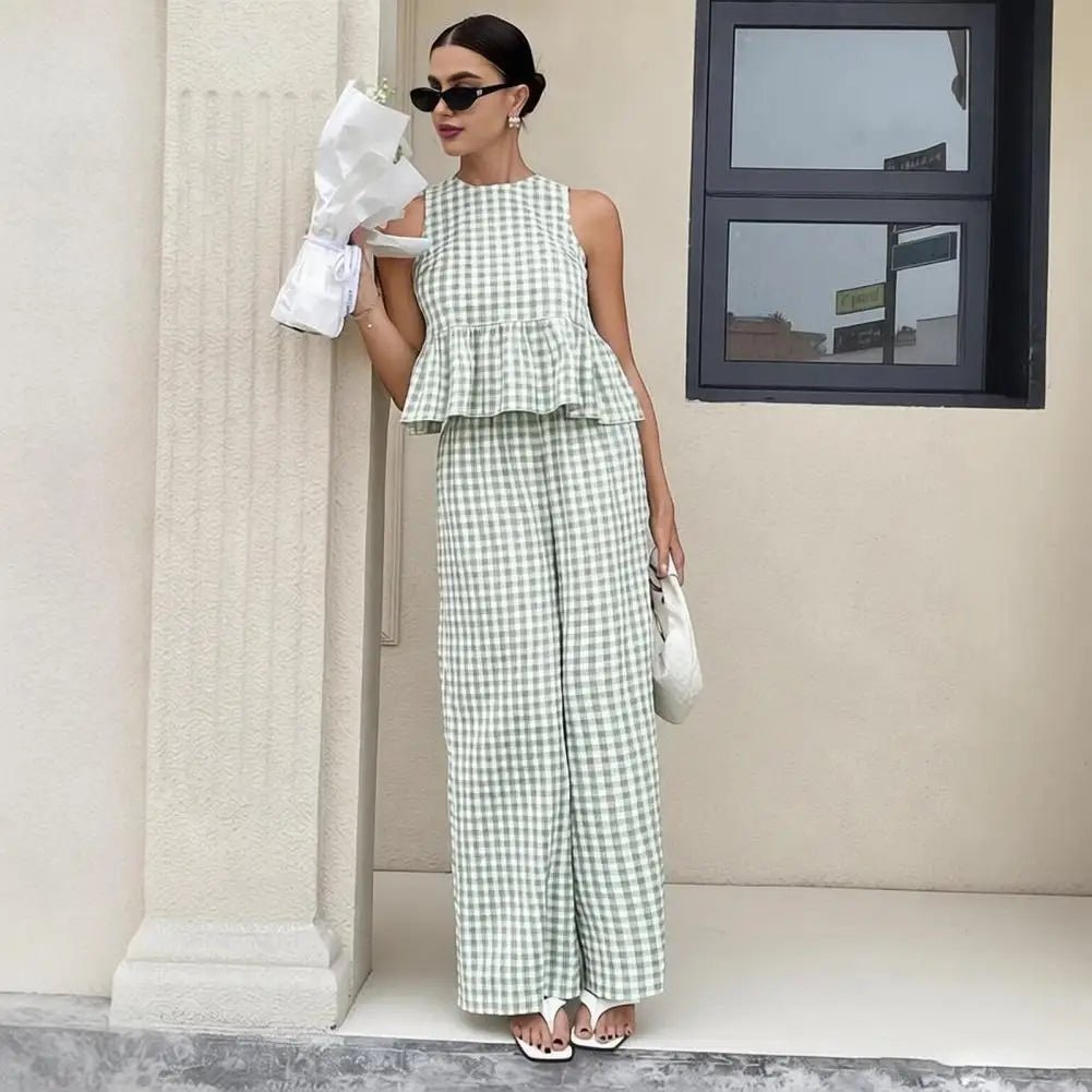 OLANE Classic Plaid Ruffle Two-Piece Set GreenSWomen's Sets
