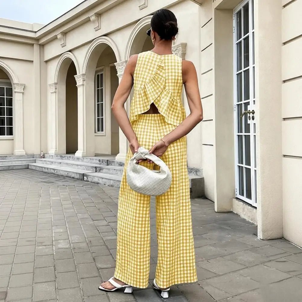 OLANE Classic Plaid Ruffle Two-Piece Set YellowSWomen's Sets