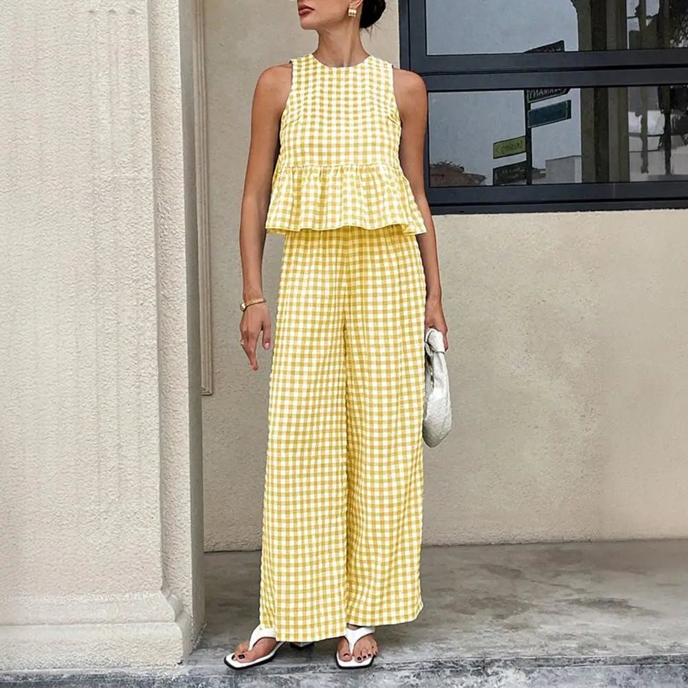OLANE Classic Plaid Ruffle Two-Piece Set YellowSWomen's Sets