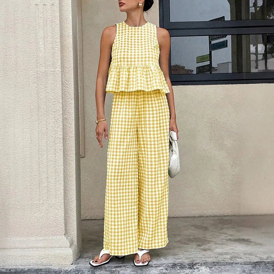 OLANE Classic Plaid Ruffle Two-Piece Set YellowSWomen's Sets