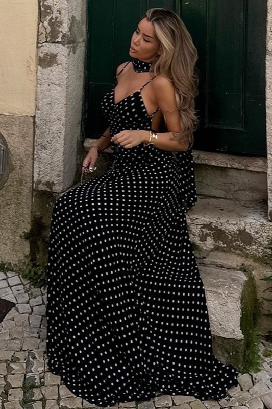 OLANE Classic Polka Dot Backless Maxi Dress BlackLWomen's Dresses