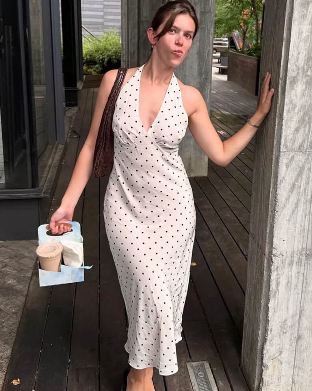 OLANE Classic Polka Dot Halter Midi Dress WhiteMWomen’s Dresses