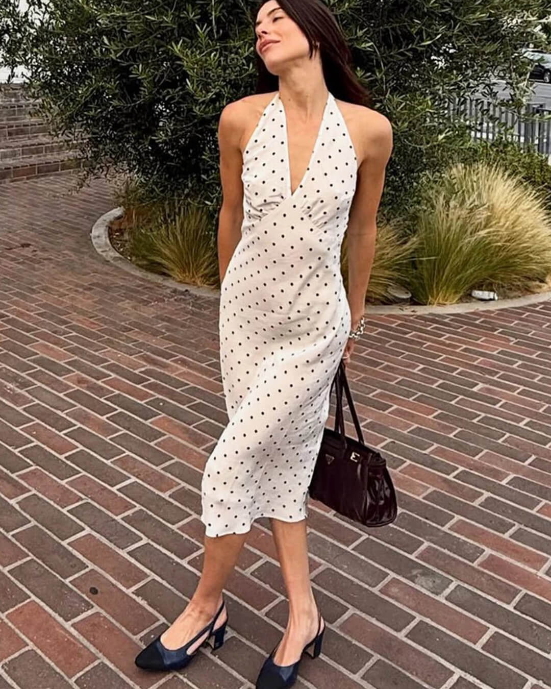 OLANE Classic Polka Dot Halter Midi Dress WhiteSWomen’s Dresses