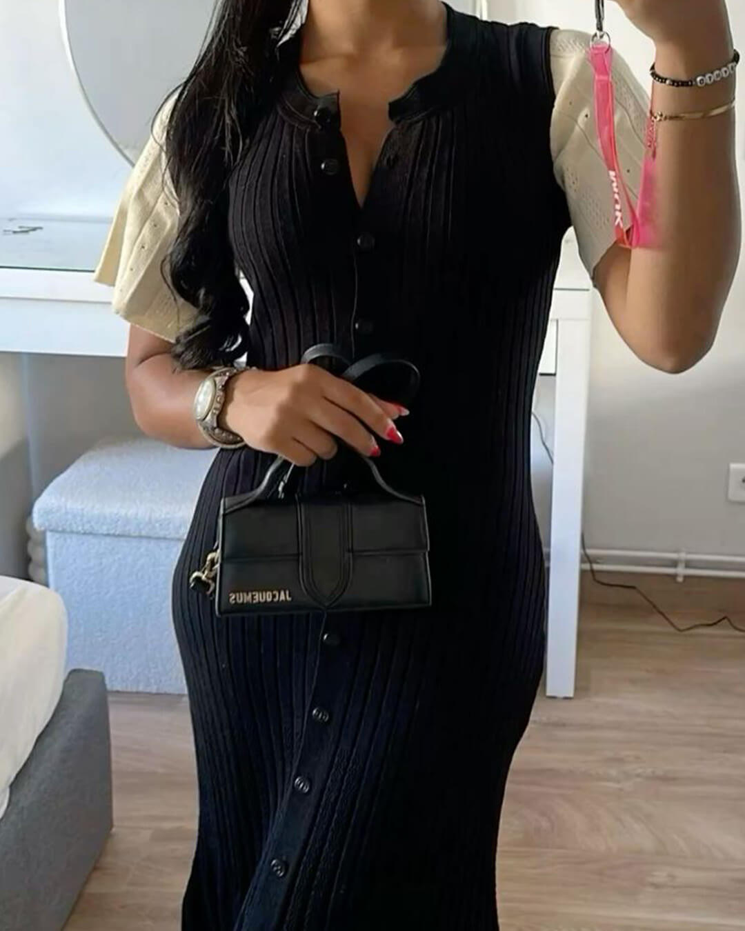 OLANE Classic Ribbed Knitted Midi Dress BlackLWomen's Dresses