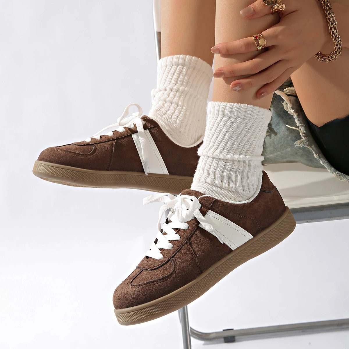 OLANE Classic Suede Sneakers with Details Brown36Women's Shoes
