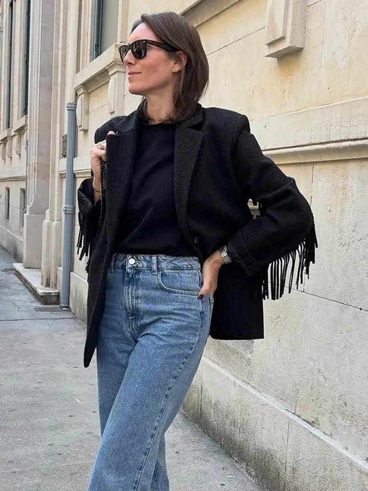 OLANE Classic Tassel Trim Bomber Blazer BlackSWomen's Coats & Jackets