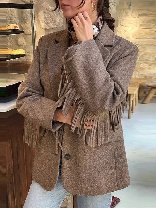 OLANE Classic Tassel Trim Bomber Blazer KhakiSWomen's Coats & Jackets