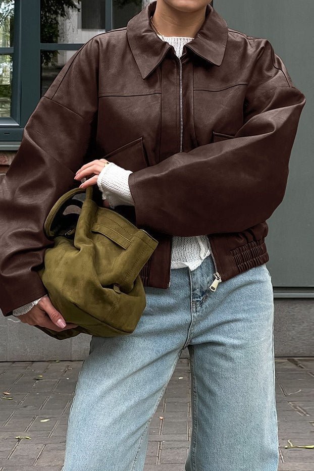 OLANE Classic Vintage Faux Leather Jacket BrownLWomen's Coats & Jackets
