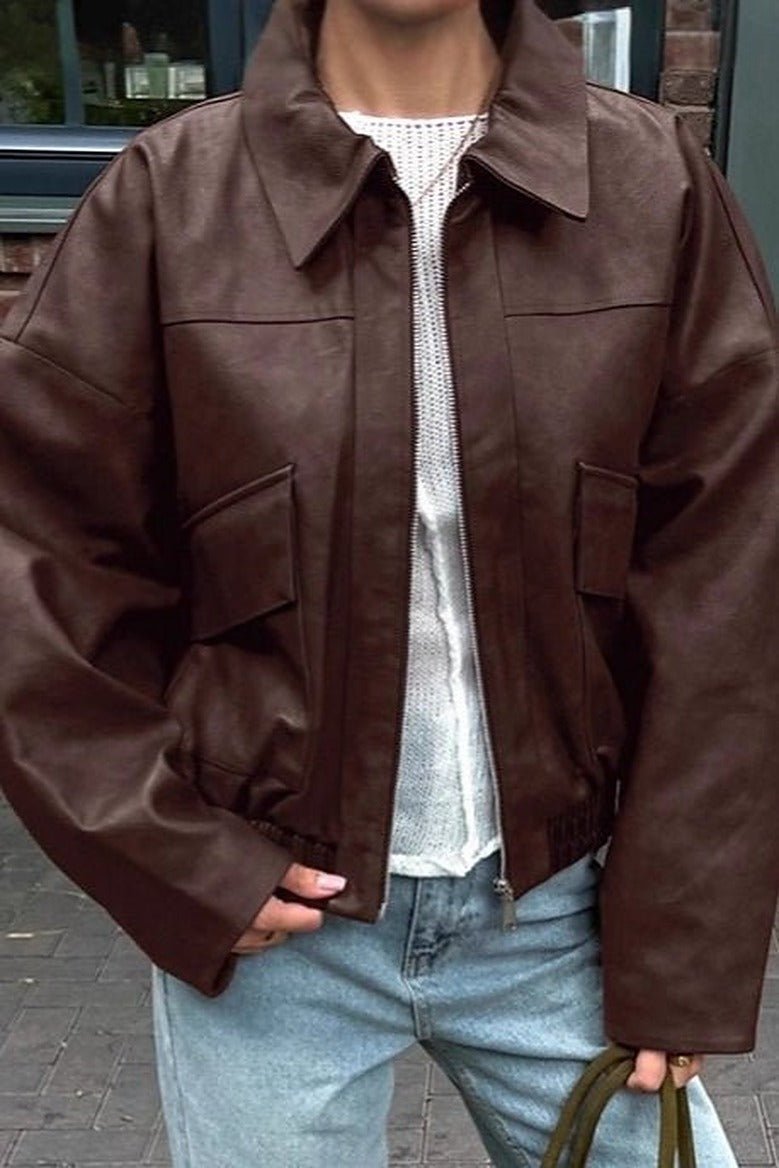 OLANE Classic Vintage Faux Leather Jacket BrownMWomen's Coats & Jackets