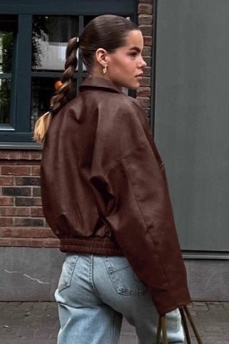 OLANE Classic Vintage Faux Leather Jacket BrownSWomen's Coats & Jackets