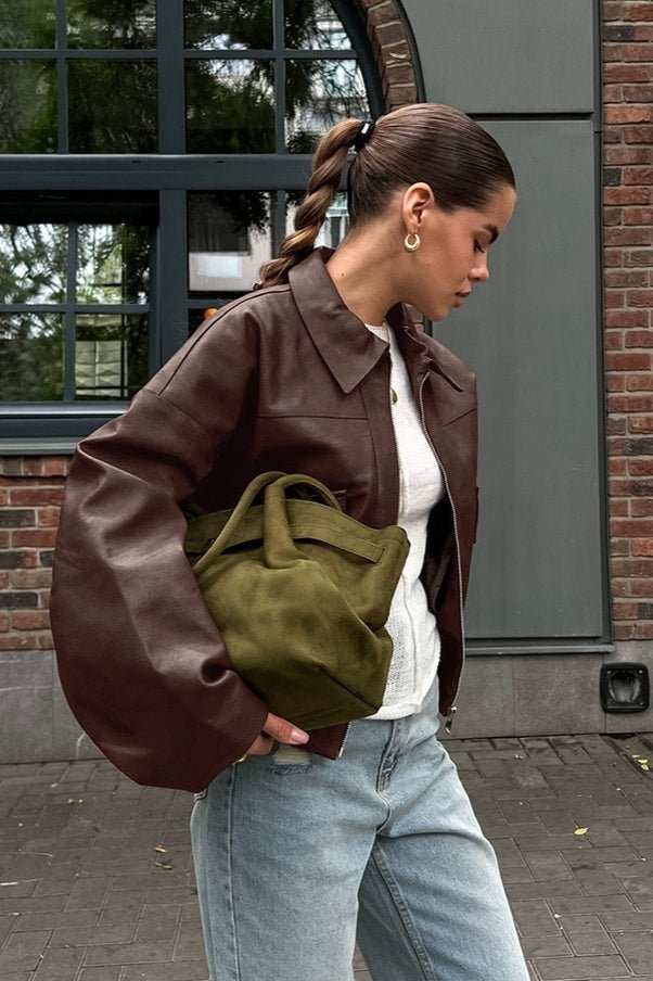 OLANE Classic Vintage Faux Leather Jacket BrownSWomen's Coats & Jackets