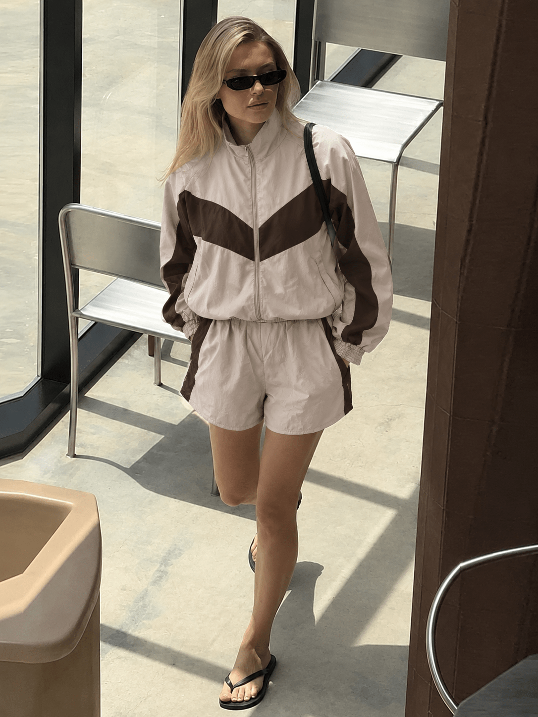OLANE Colorblock Jacket and Shorts Sport Set BeigeSWomen's Sets