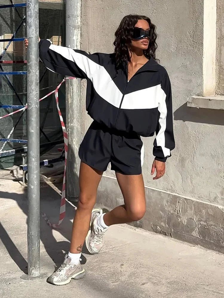 OLANE Colorblock Jacket and Shorts Sport Set BlackSWomen's Sets