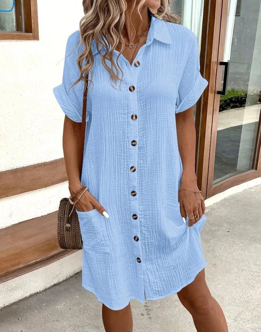 OLANE Cotton Linen V - Neck Mini Dress BlueSWomen's Dresses