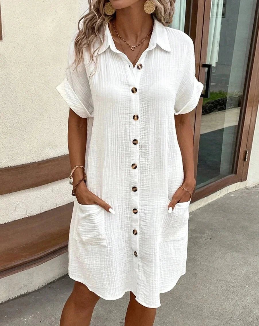OLANE Cotton Linen V - Neck Mini Dress WhiteSWomen's Dresses