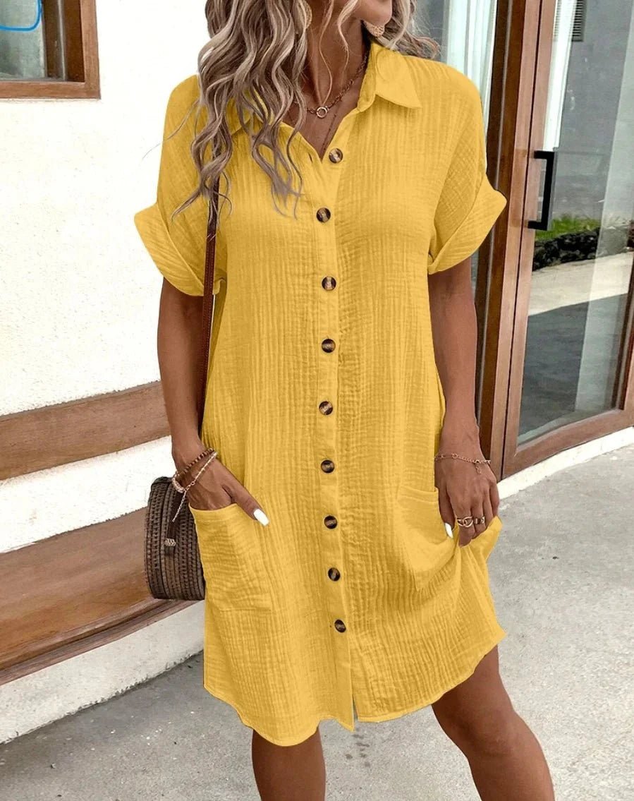 OLANE Cotton Linen V - Neck Mini Dress YellowSWomen's Dresses