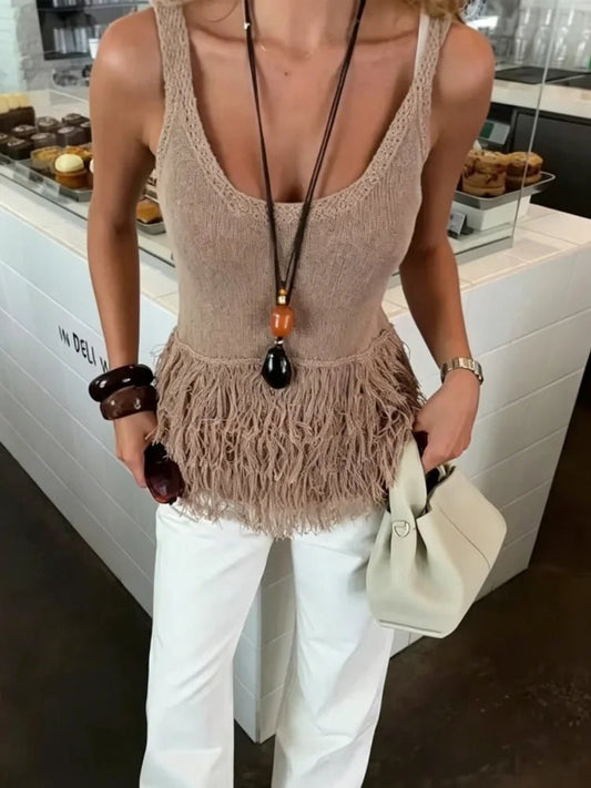 OLANE Crochet Tassel Knit Tank Top SWomen’s Tops
