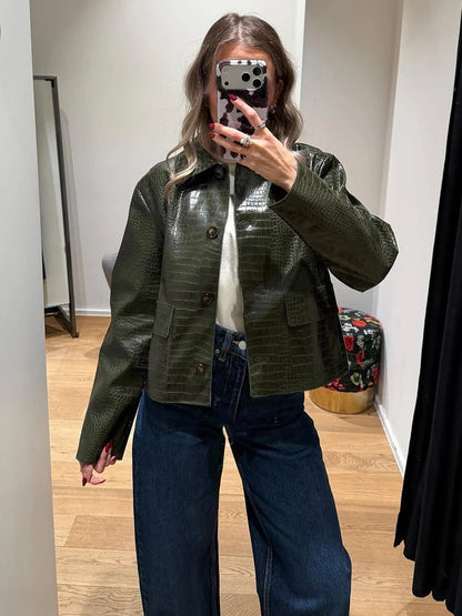 OLANE Crocodile Embossed Leather Jacket GreenMWomen's Coats & Jackets