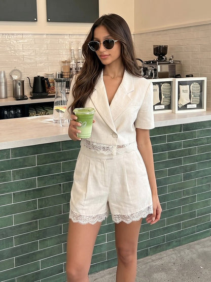 OLANE Crop Top Lace High-Waisted Shorts Set MWomen's Sets