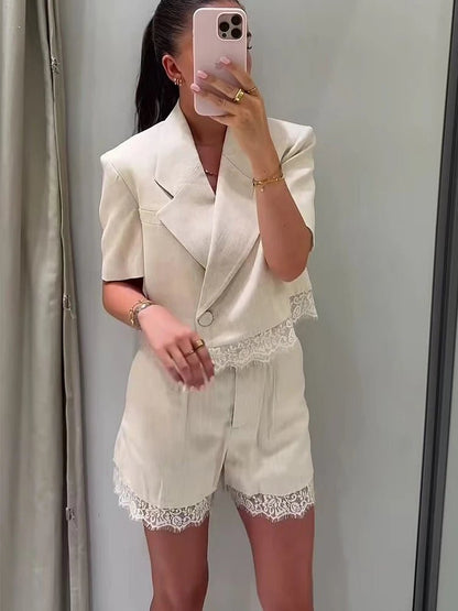 OLANE Crop Top Lace High-Waisted Shorts Set SWomen's Sets