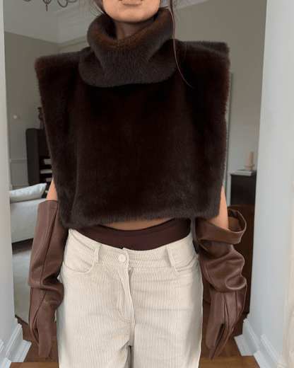 OLANE Cropped Faux Fur Turtleneck Vest BrownMWomen's Coats & Jackets