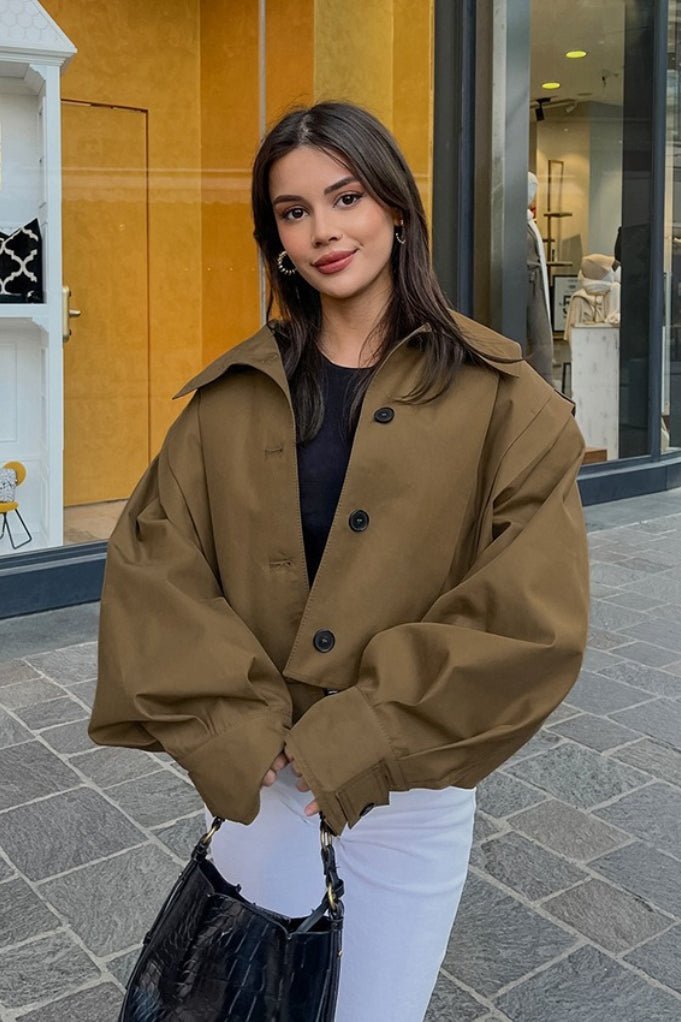 OLANE Cropped Pleated Utility Jacket KhakiLWomen's Coats & Jackets