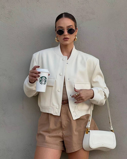 OLANE Cropped Ribbed Bomber Jacket OatmilkSWomen's Coats & Jackets