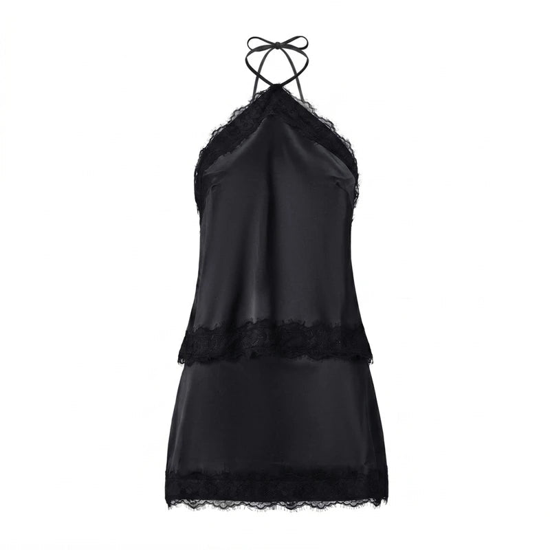 OLANE Dahlia Satin Lace Halter Cami Set BlackSTop