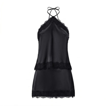 OLANE Dahlia Satin Lace Halter Cami Set BlackSTop