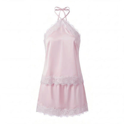 OLANE Dahlia Satin Lace Halter Cami Set BlackSTop