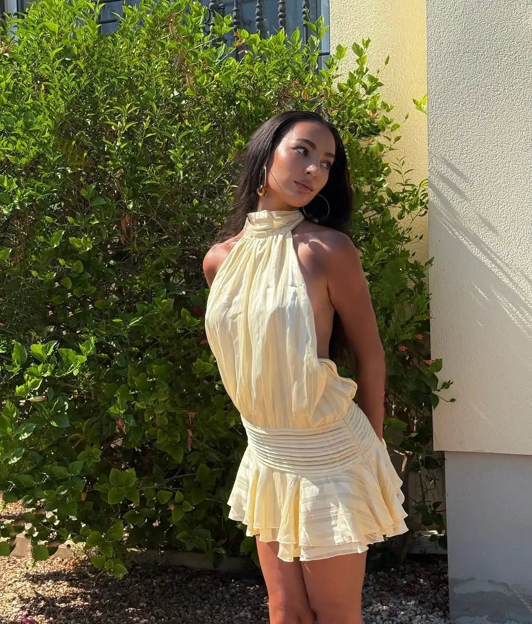 OLANE Daniela Ruffled Tiers Backless Mini Dress Light YellowMWomen’s Dresses
