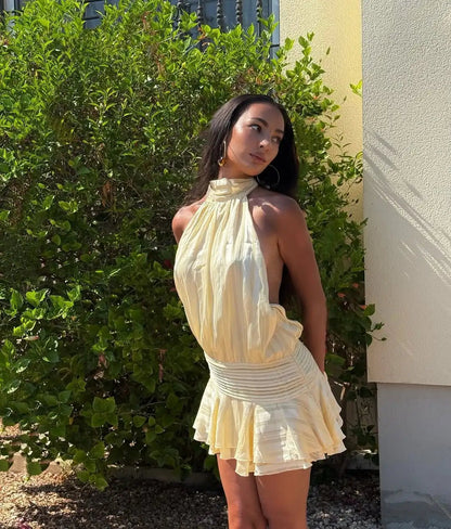 OLANE Daniela Ruffled Tiers Backless Mini Dress Light YellowMWomen’s Dresses