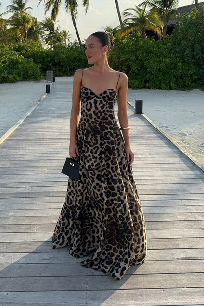 OLANE Daring Leopard Print Spaghetti Strap Maxi Dress BrownMWomen's Dresses