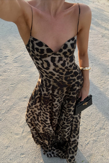 OLANE Daring Leopard Print Spaghetti Strap Maxi Dress BrownSWomen's Dresses