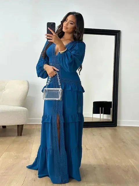 OLANE Deep V - Neck Ruffle Maxi Dress Navy BlueLWomen's Dresses