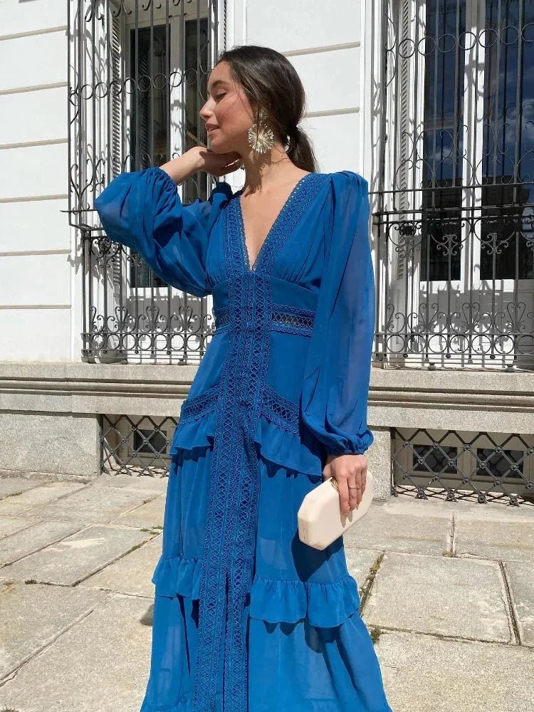 OLANE Deep V - Neck Ruffle Maxi Dress Navy BlueSWomen's Dresses