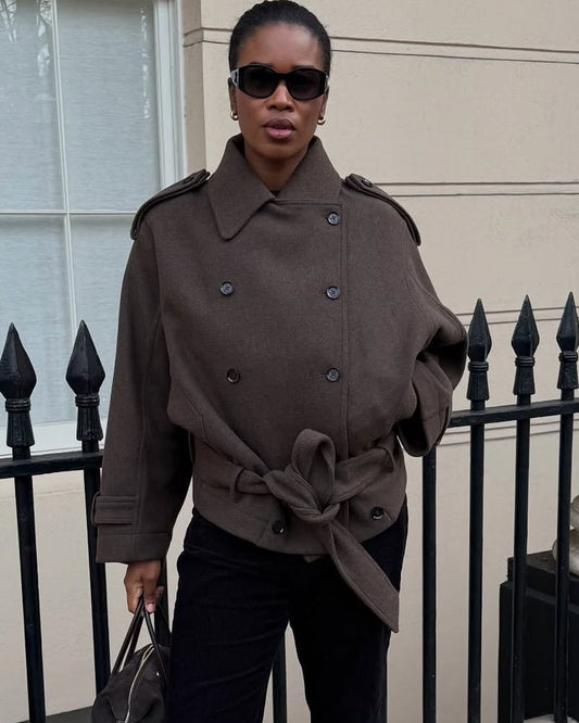 OLANE Double Breasted Belted Stand Collar Coat XSWomen's Coats & Jackets