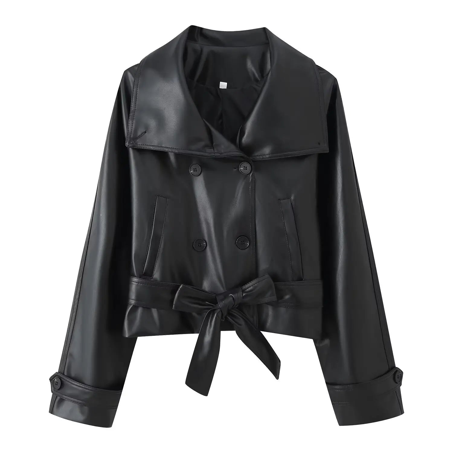 OLANE Double-Breasted Faux Leather Lace-Up Trench Coat BlackSCoat