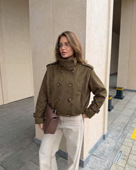 Trench court rétro double boutonnage en imitation daim