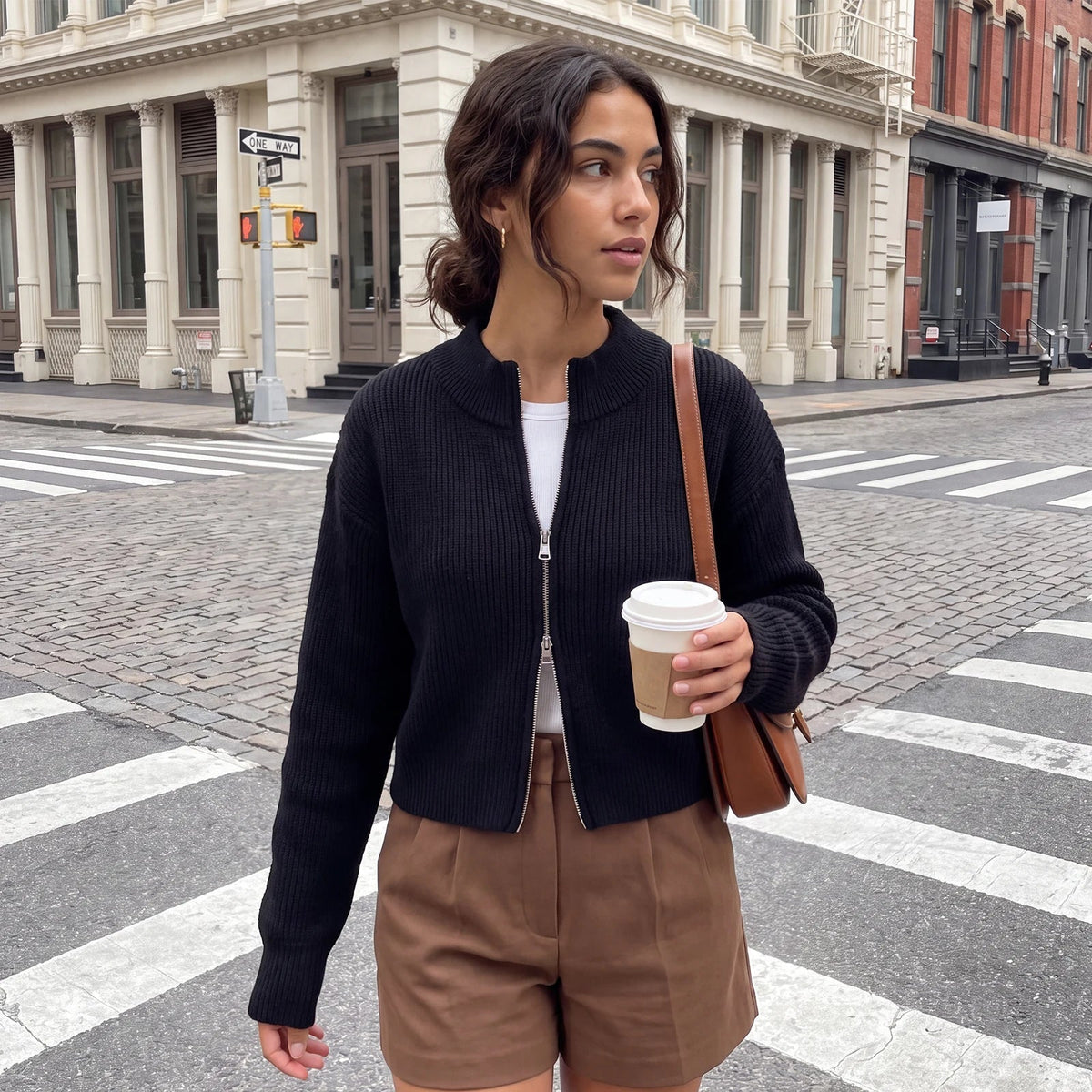 OLANE Double Zip Cropped Knit Cardigan BlackSCardigan