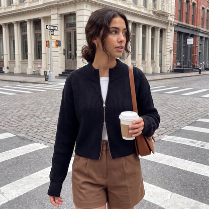 OLANE Double Zip Cropped Knit Cardigan BlackSCardigan