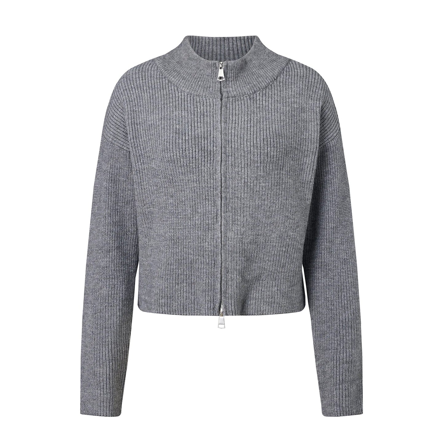 OLANE Double Zip Cropped Knit Cardigan GreySCardigan