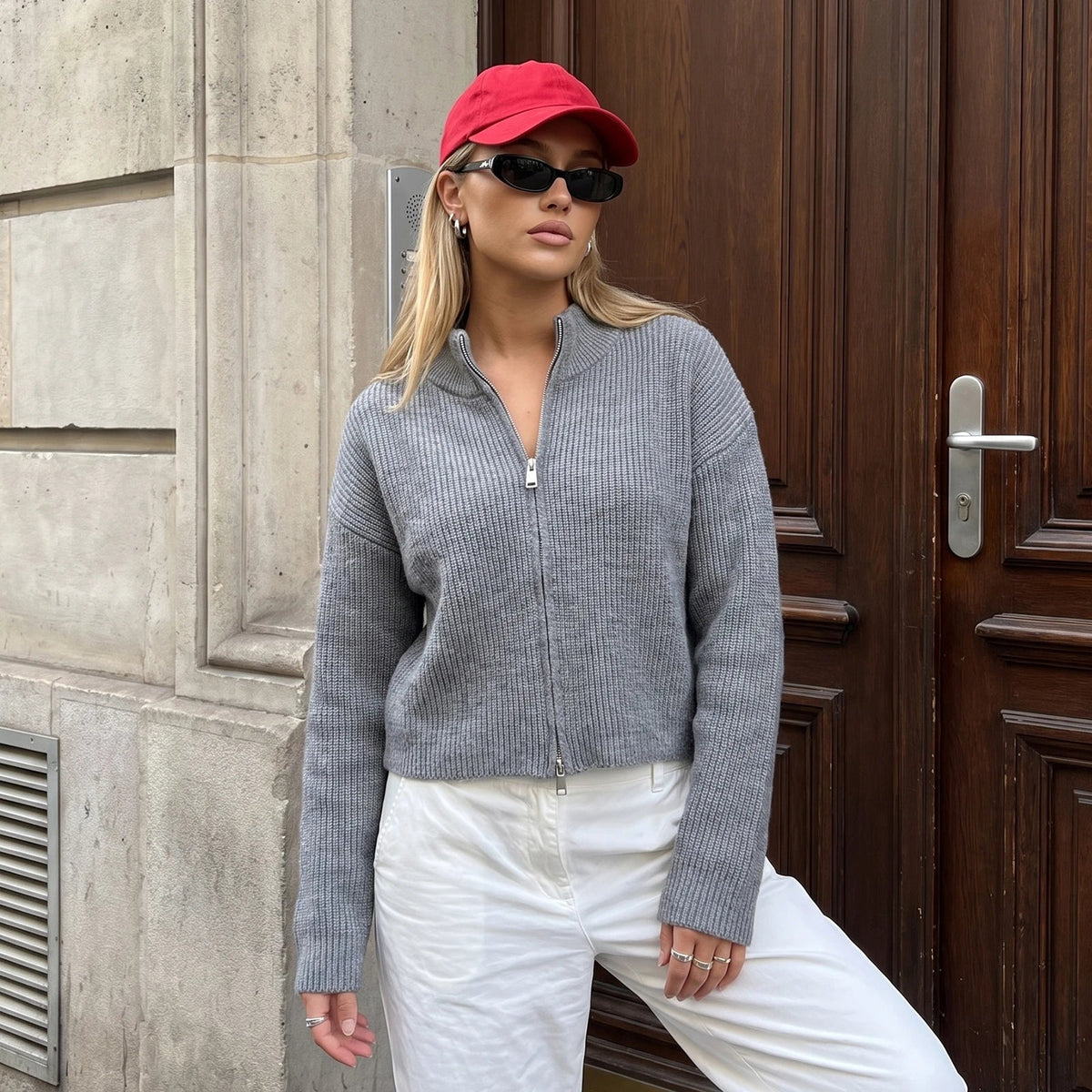 OLANE Double Zip Cropped Knit Cardigan GreySCardigan