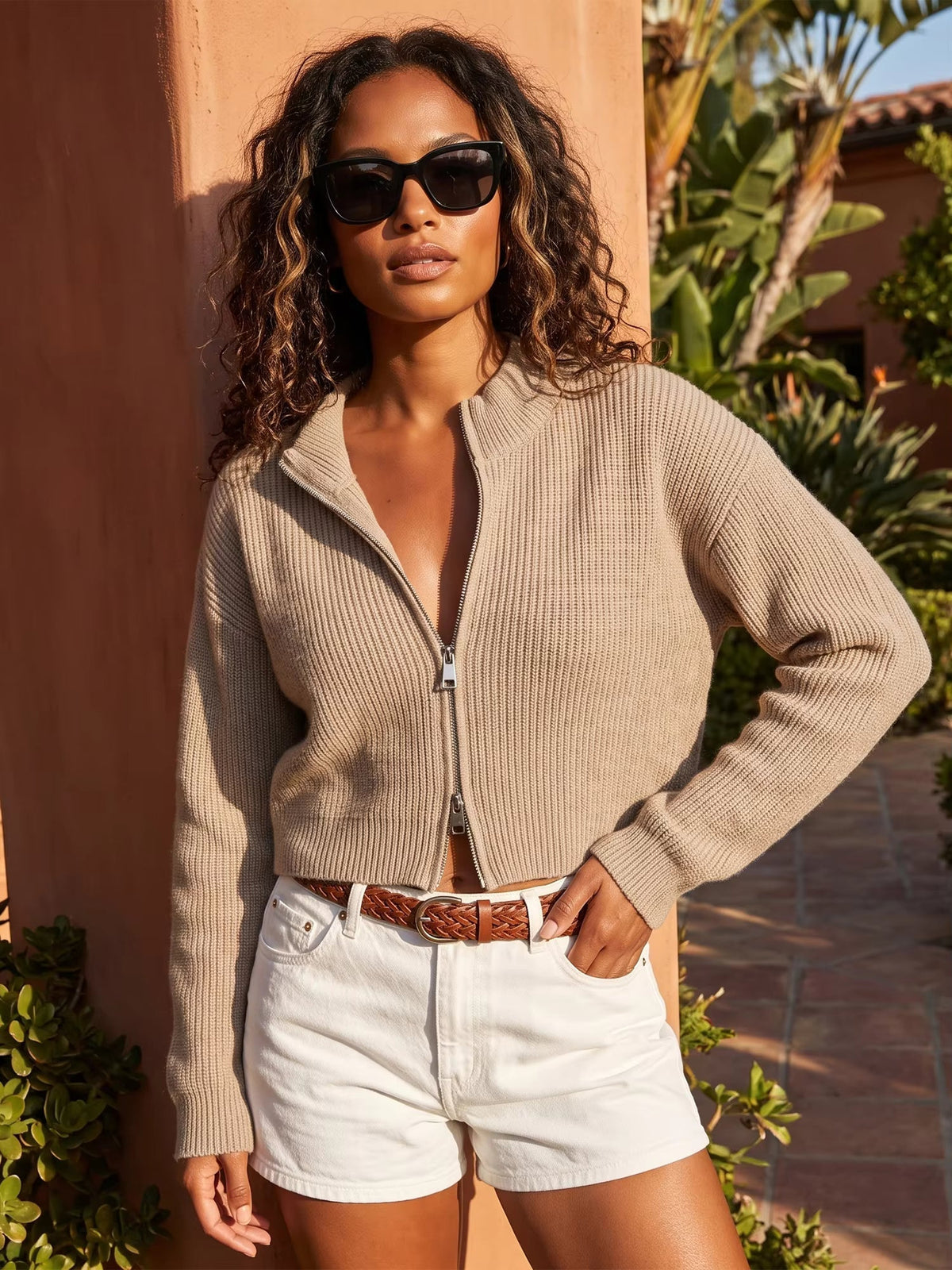 OLANE Double Zip Cropped Knit Cardigan WhiteSCardigan