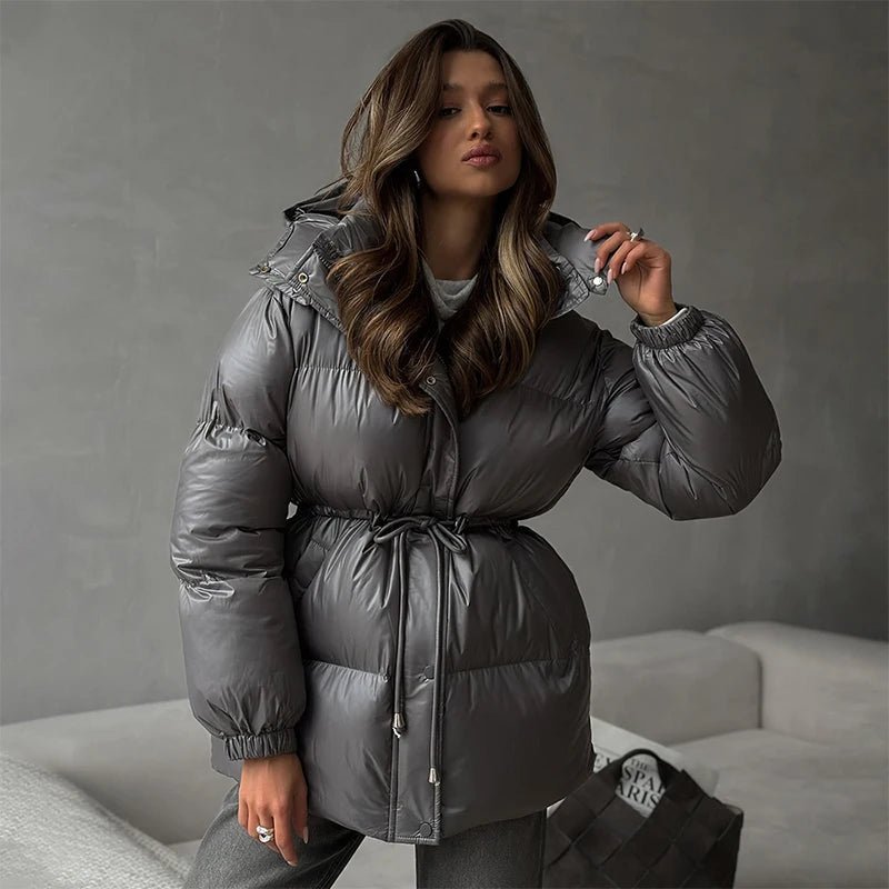 OLANE Drawstring Hooded Puffer Coat Dark GraySWomen's Coats & Jackets