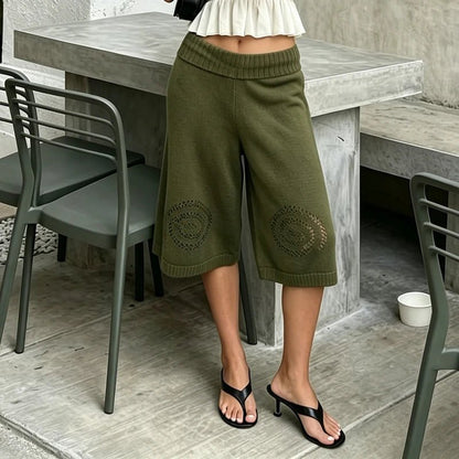 OLANE Drawstring Waist Knit Culottes Shorts OliveSWomen's Bottoms